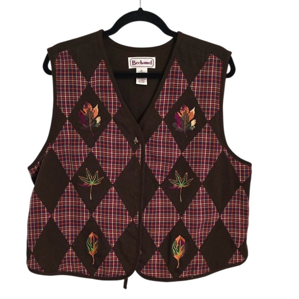 Bechamel Vintage Vest XL Brown Plaid Diamond Leaf Embroidered Cotton Blend